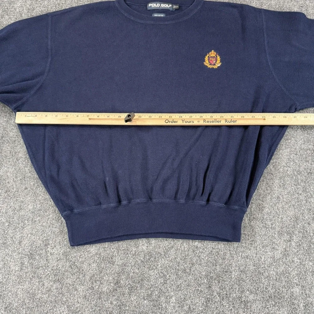 Polo Golf Ralph Lauren Sweater Mens 2XL Navy Blue Crest Cotton Crewneck Pullover